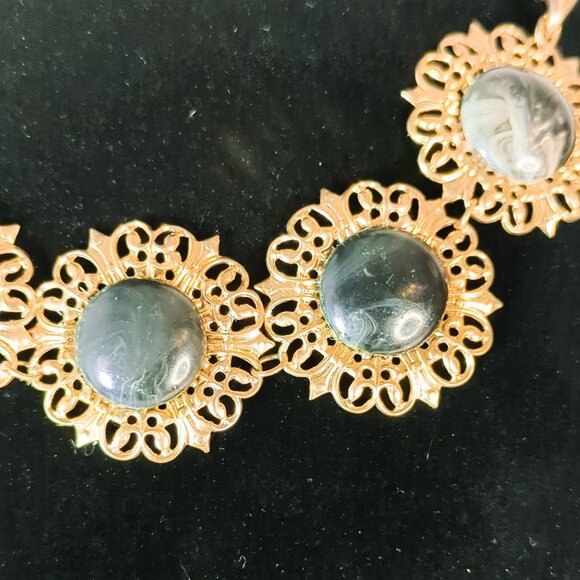 Vintage Gold-Tone Filigree Statement Necklace With Black Marbled Cabochons - Picture 2 of 5